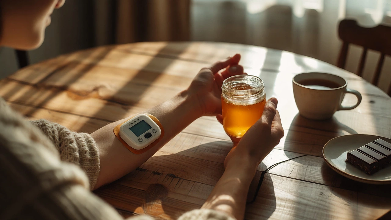 Person checking a glucose monitor on their arm while holding a jar of raw honey.