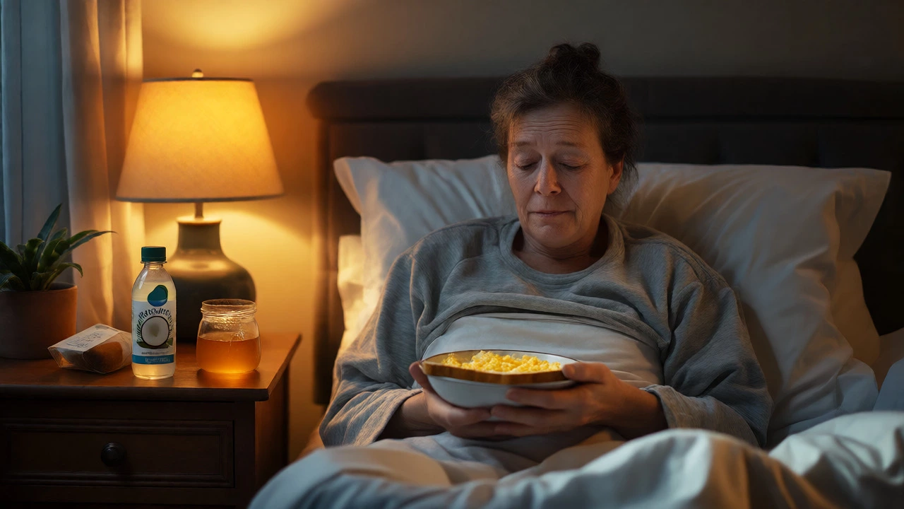 Person eating scrambled eggs and toast while resting in bed