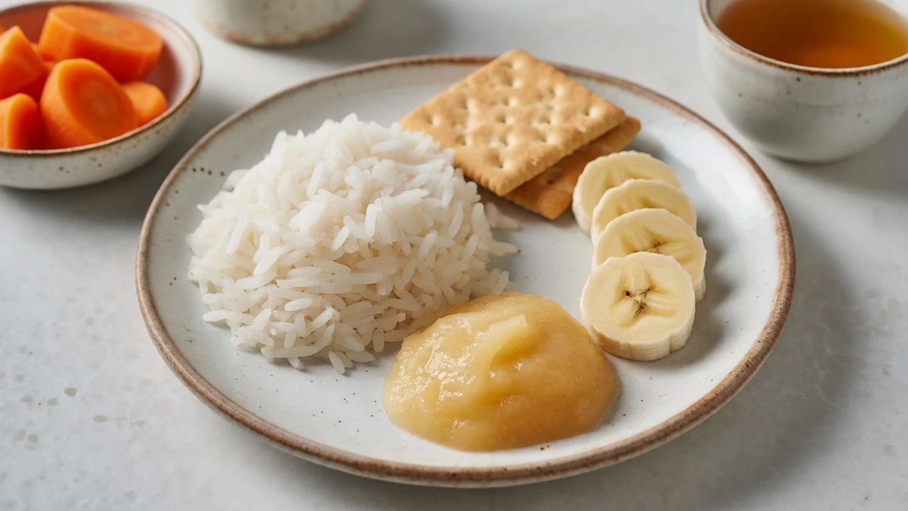 Plate with rice, bananas, applesauce, and crackers for sick days