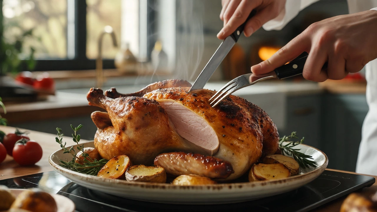 Roasted Bresse chicken being carved with steam rising in a bright kitchen