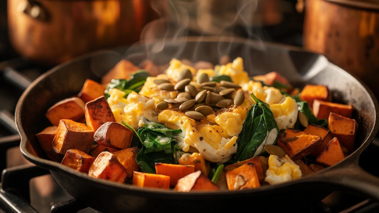 Warm egg and sweet potato hash with spinach in a cast-iron skillet.