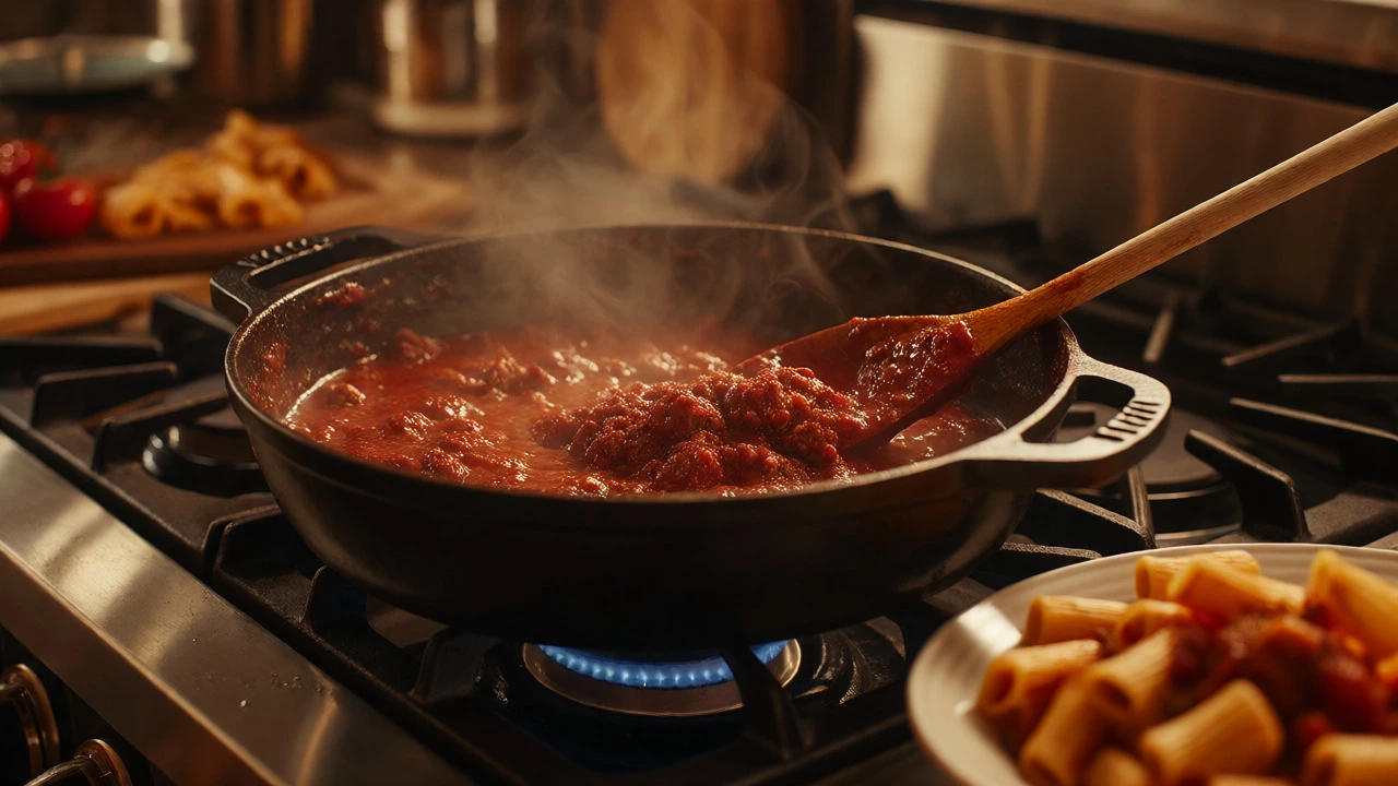 A cast-iron pot of rich, slow-simmered meat ragù steaming on a stove in a warm kitchen setting.