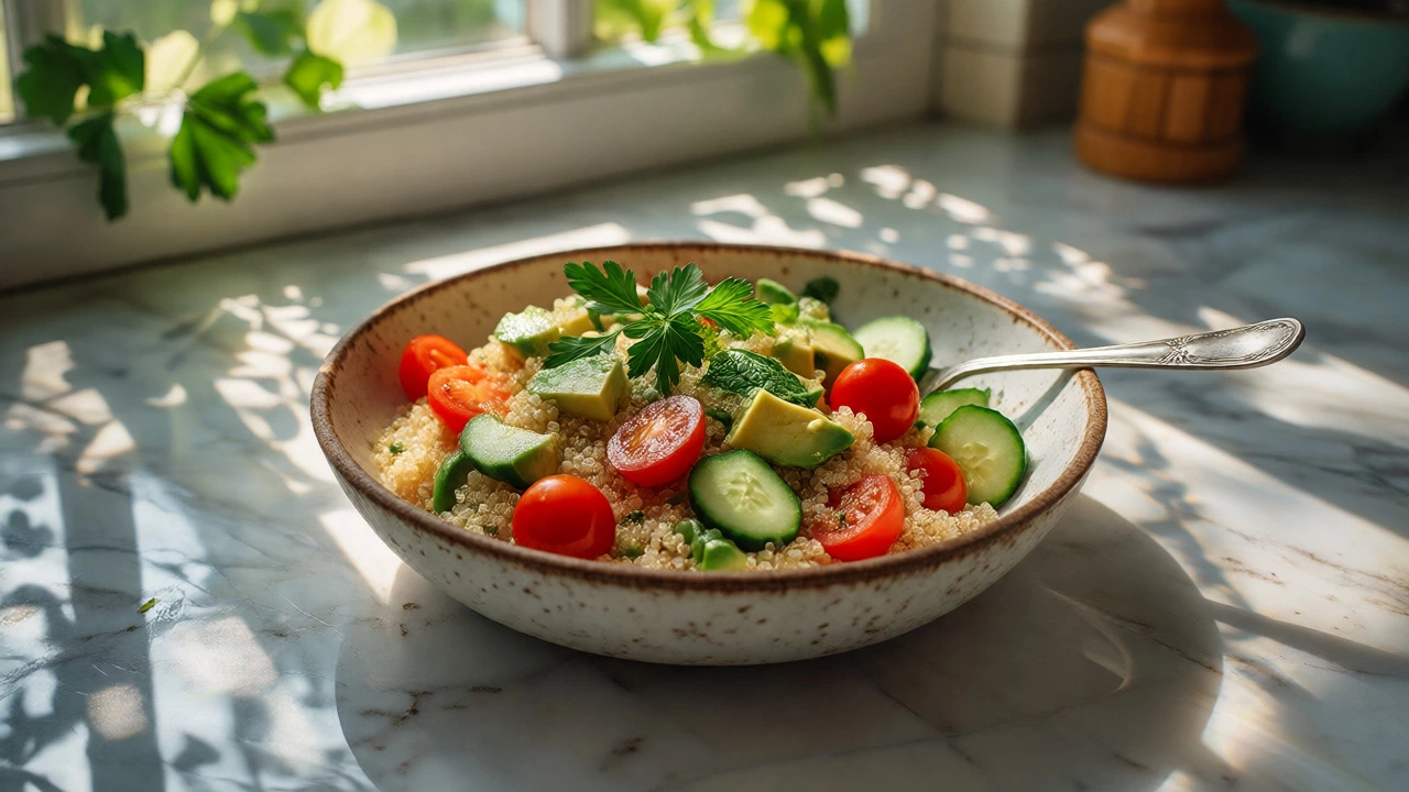 Colorful cold quinoa salad with avocado and vegetables on a sunny counter
