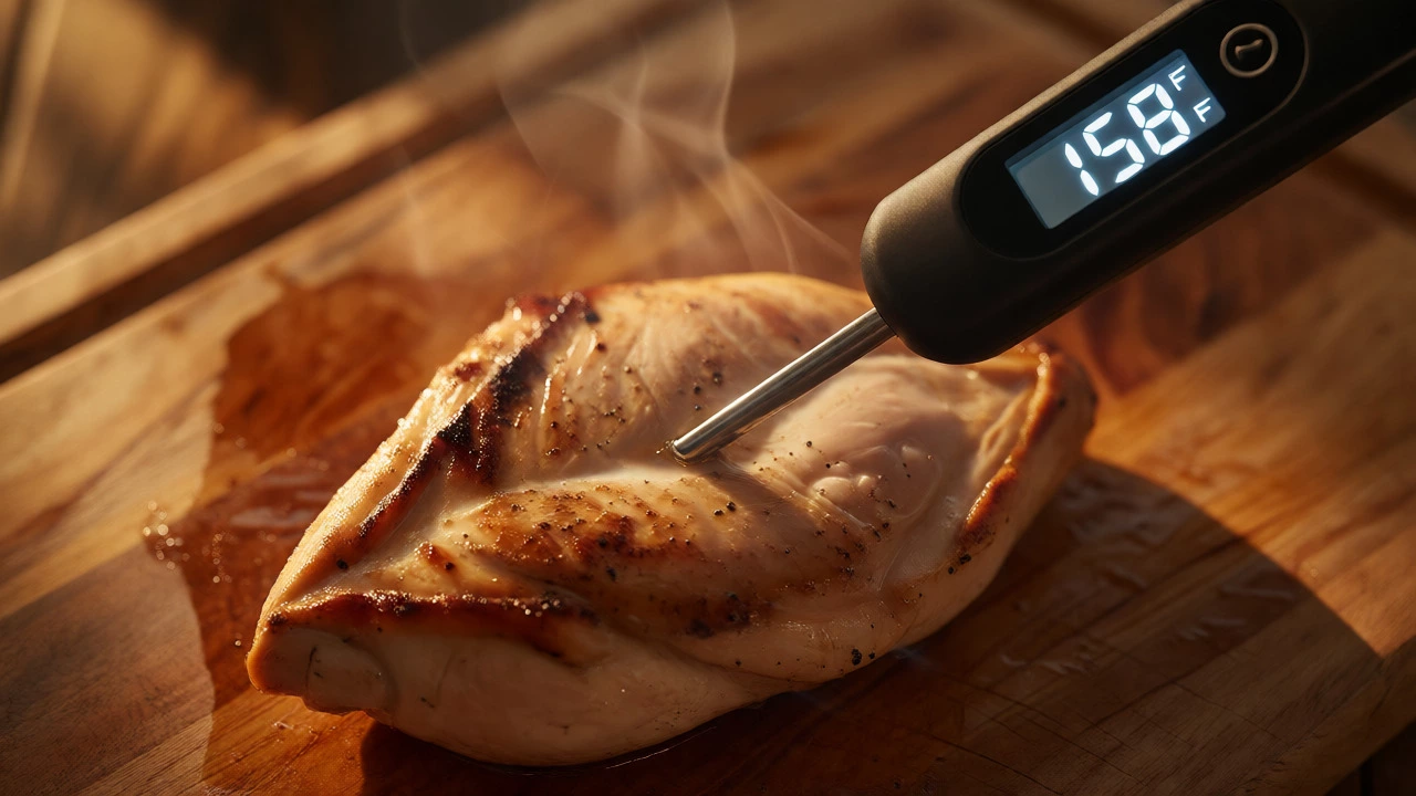 Digital thermometer measuring internal temperature of a seared chicken breast