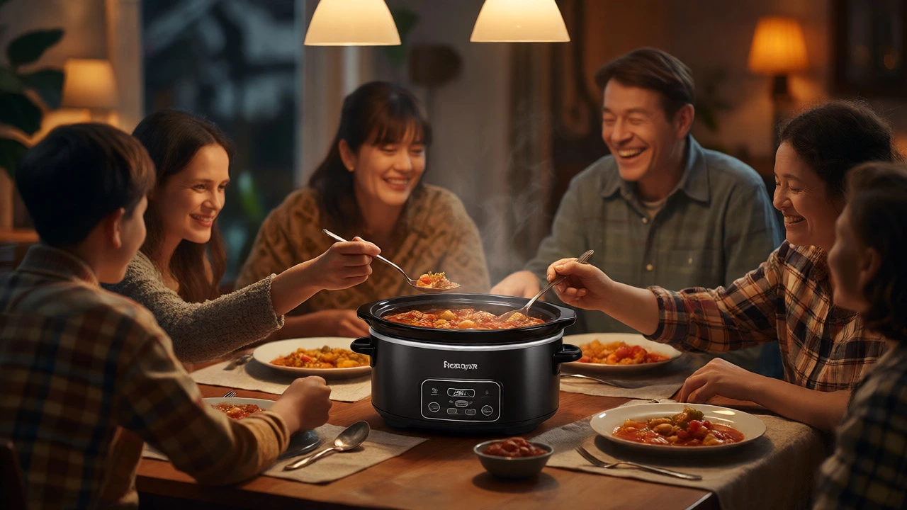 Family enjoying a hearty stew served directly from a slow cooker