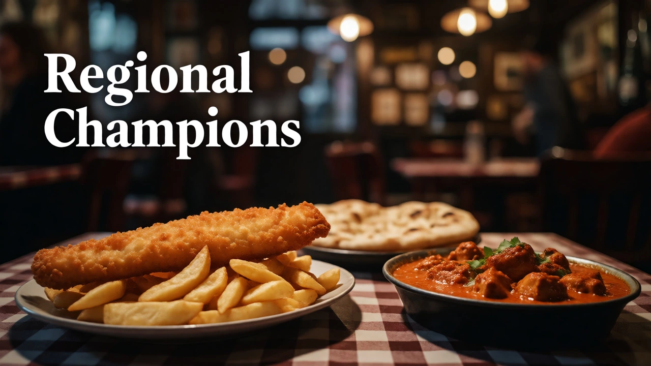 Fish and chips next to chicken tikka masala in a cozy British dining setting.