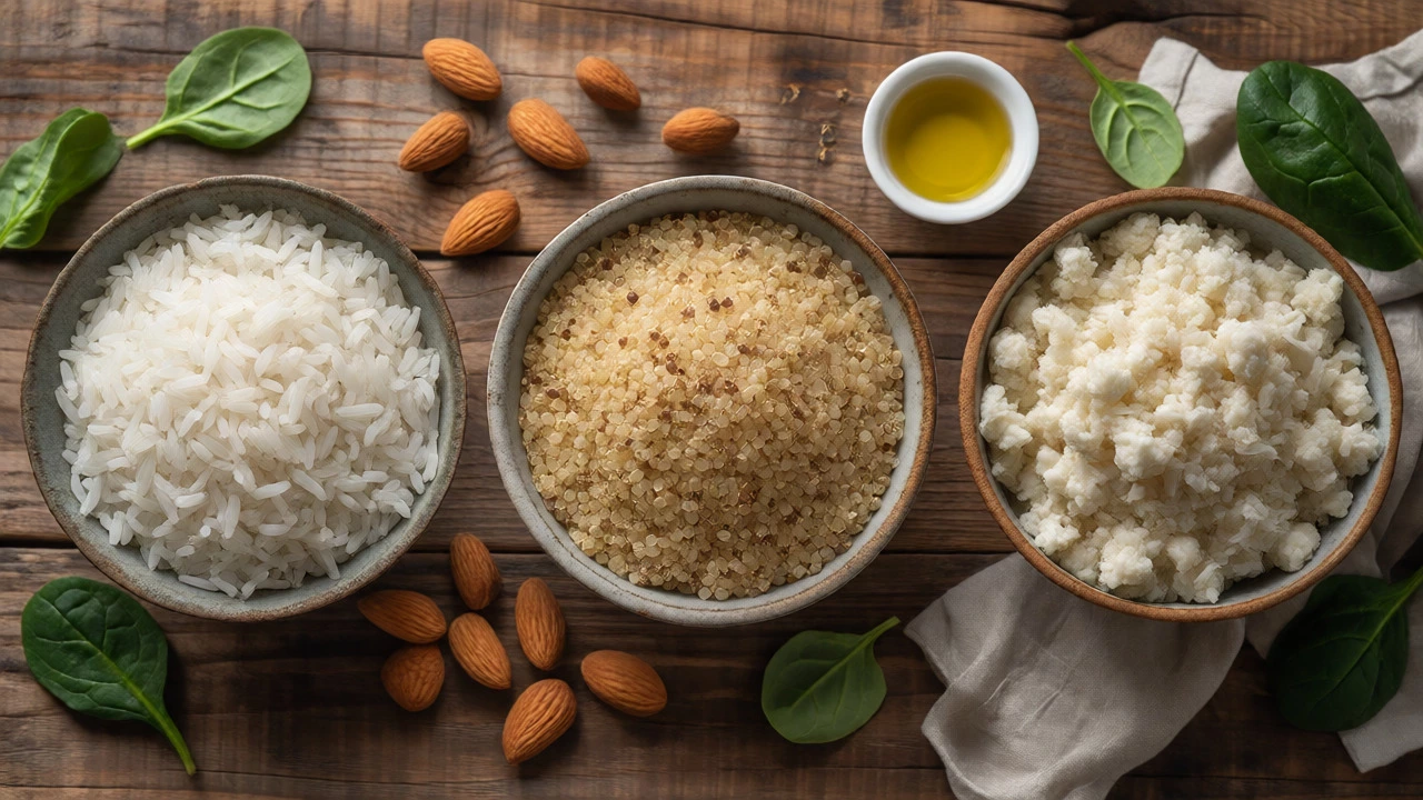 Flat lay comparison of cooked rice, quinoa, and cauliflower rice in bowls