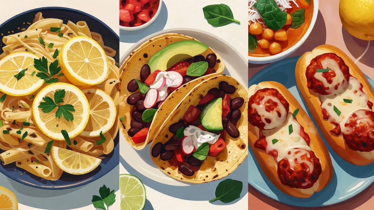Flat lay of pasta, tacos, curry, and meatball subs ready to eat.