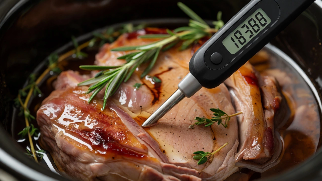 Food thermometer checking internal temperature of pork in slow cooker
