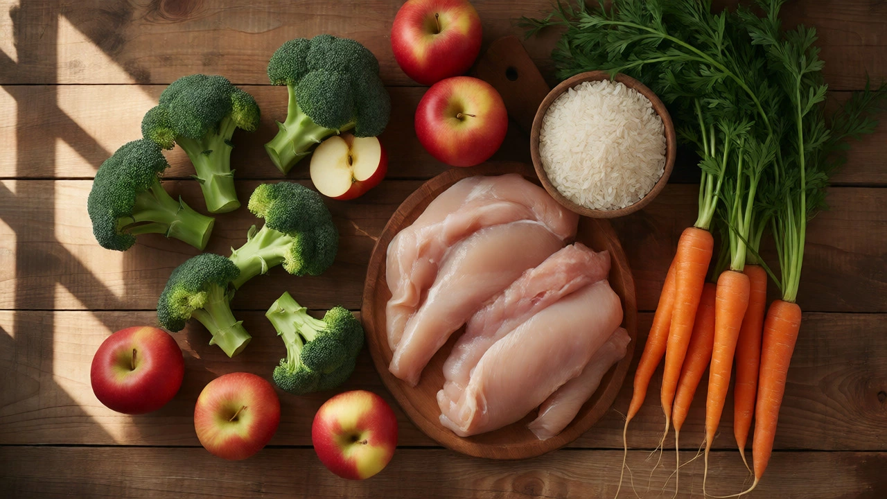 Fresh gluten-free ingredients like chicken, veggies, and rice on a table