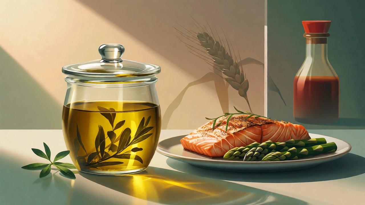 Grilled salmon and olive oil representing safe gluten-free choices