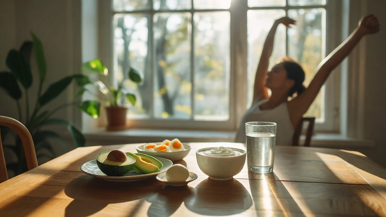 Healthy breakfast of eggs and avocado in bright morning sunlight