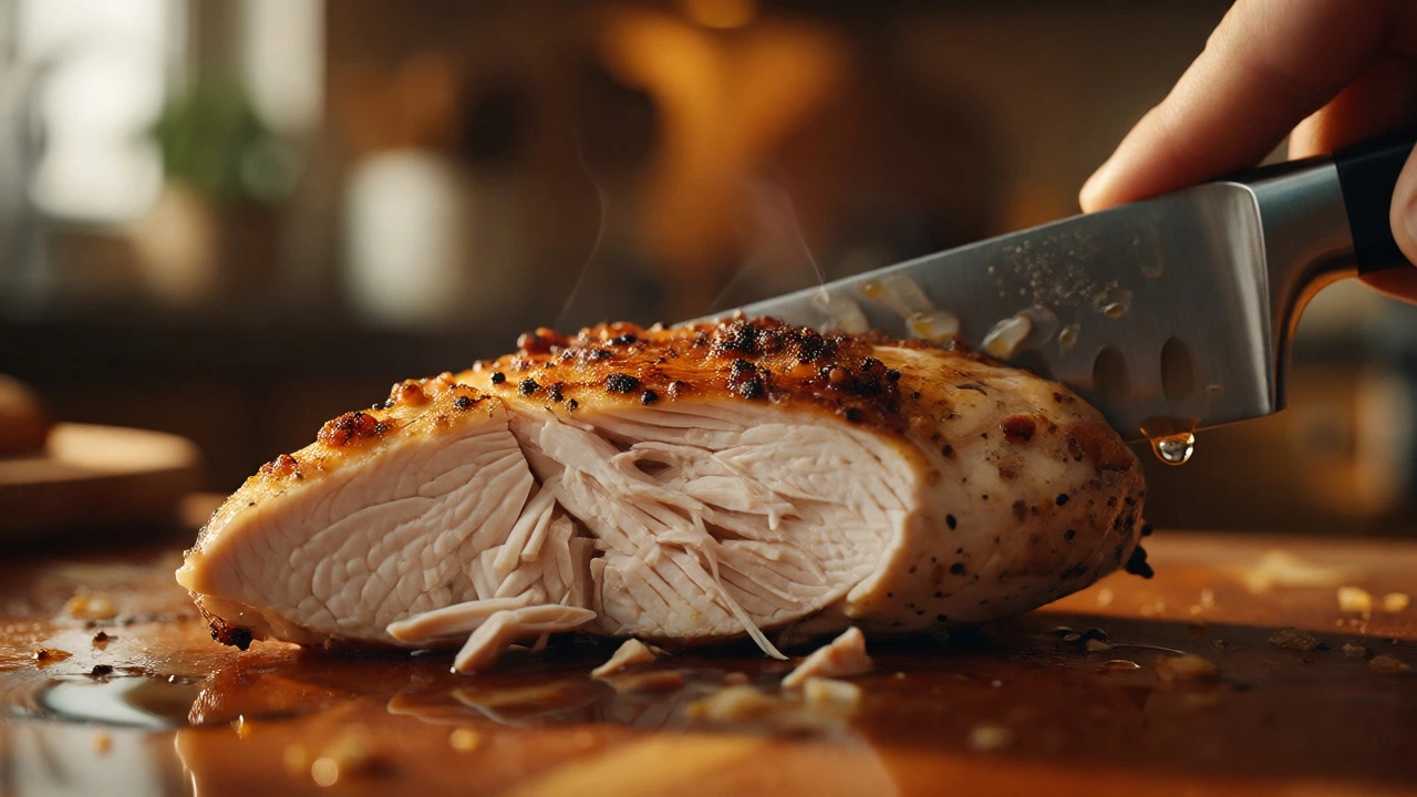 Juicy chicken breast being sliced with clear juices visible