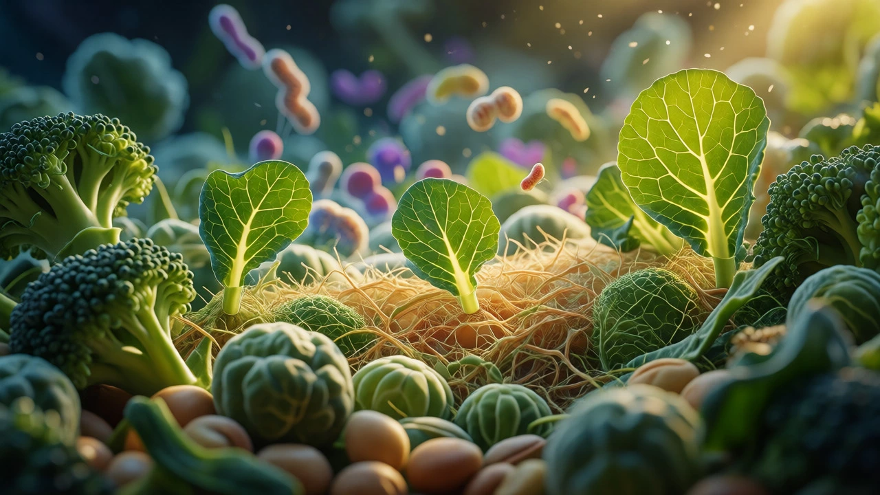Macro shot of fresh greens and legumes symbolizing dietary fiber and gut microbiome health.