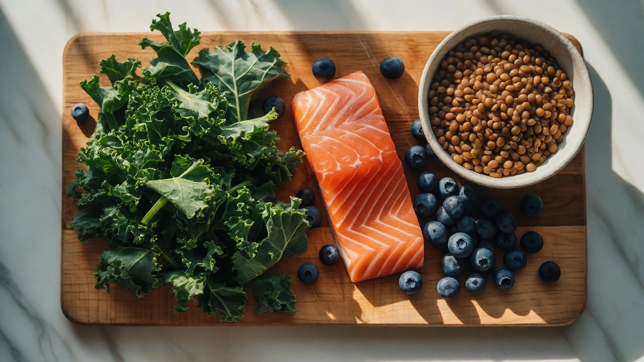 Overhead view of kale, salmon, lentils, and blueberries on a board