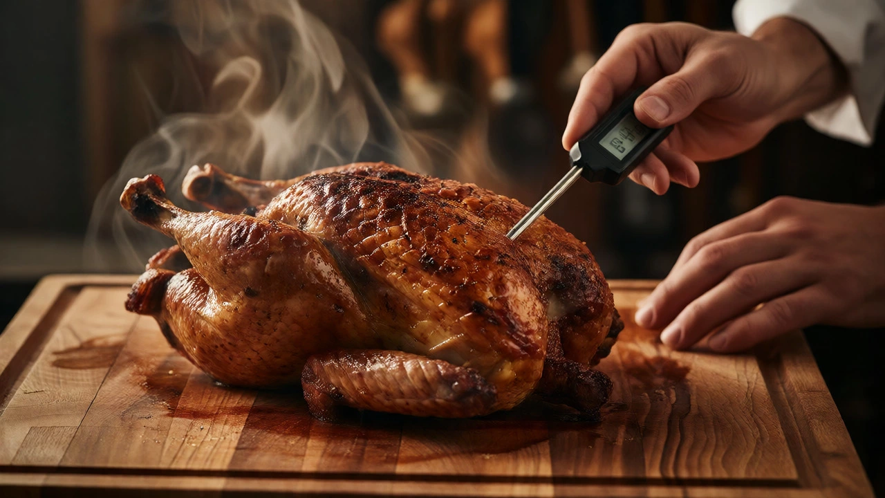 Roasted heritage chicken resting on a wooden board with a thermometer checking internal temperature.