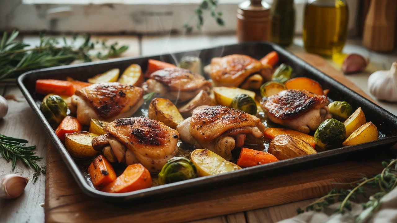 Sheet pan with roasted chicken thighs and caramelized root vegetables.