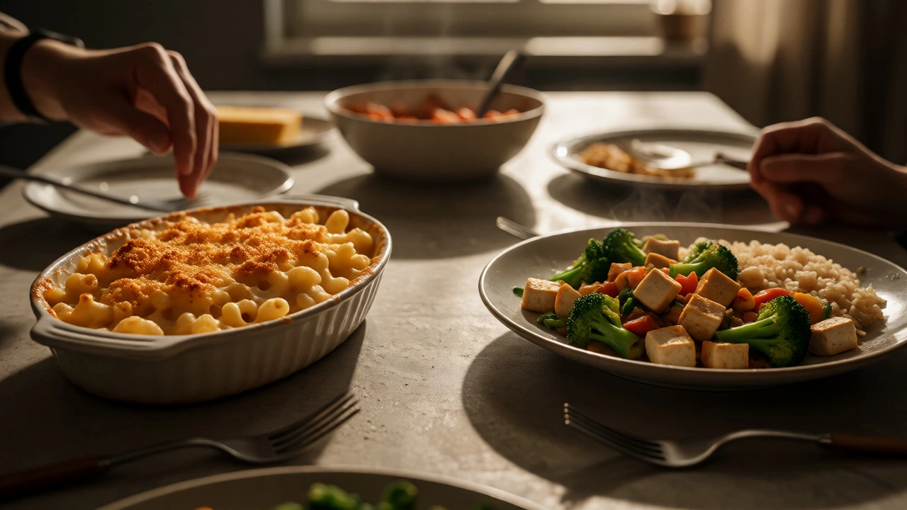 Side-by-side comparison of creamy macaroni and cheese versus a light tofu and vegetable stir-fry.