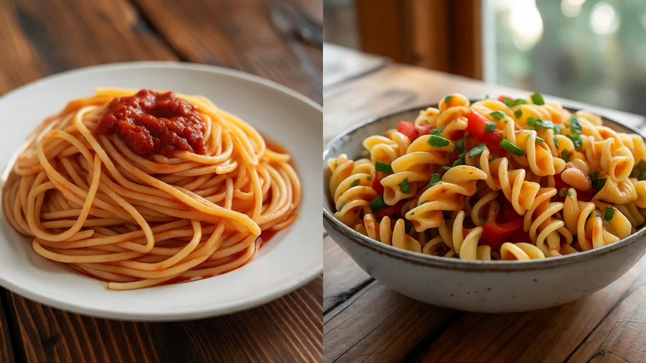 Side-by-side comparison of spaghetti and short-cut rotini pasta dishes on a table.