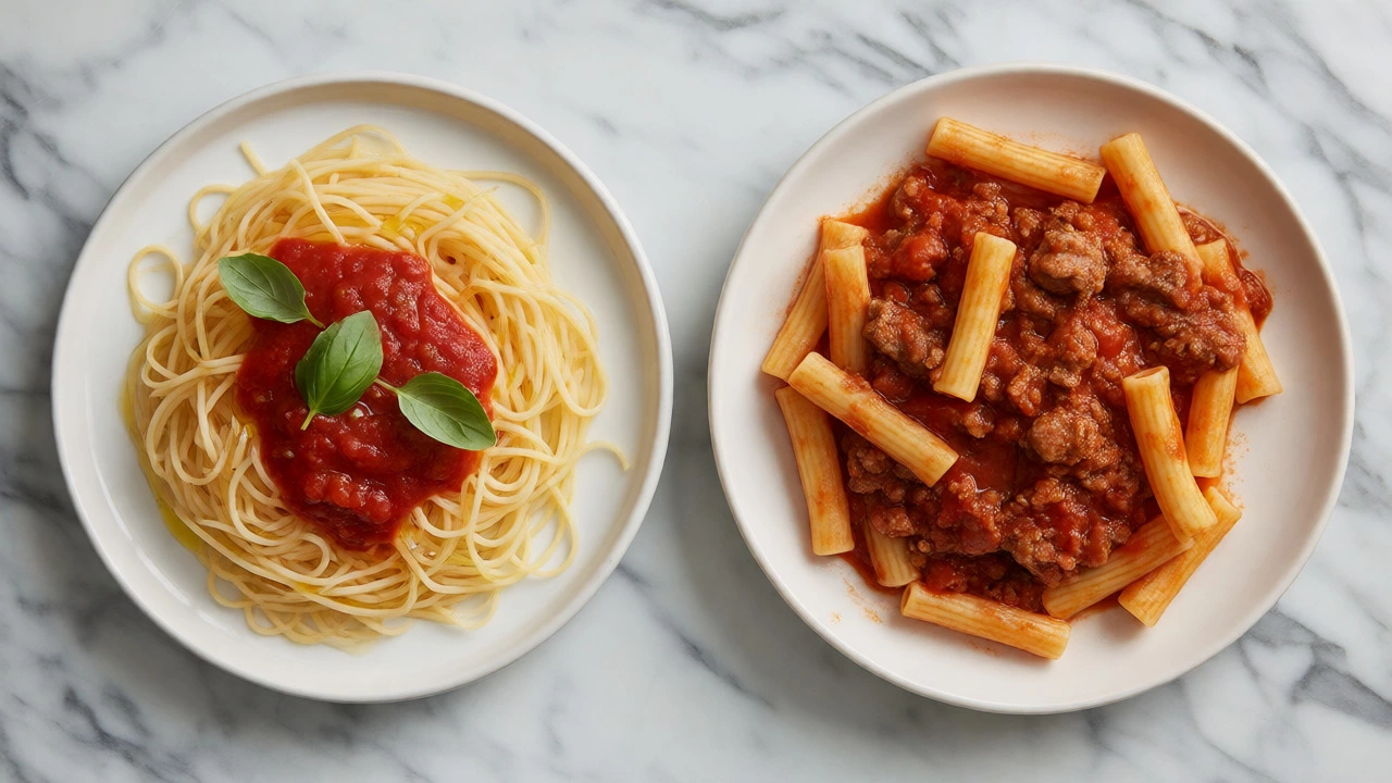 Side-by-side overhead view of angel hair with light marinara and ziti with heavy chunky meat sauce.