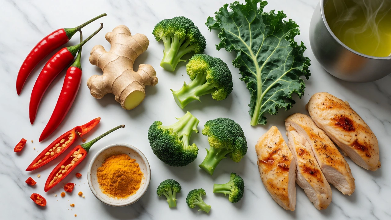 Spicy ingredients and veggies arranged on marble