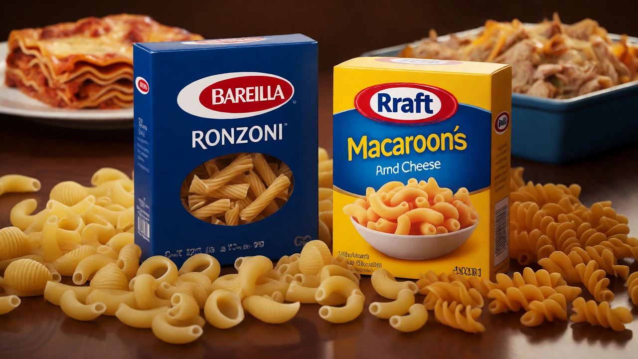 Still life of dried pasta boxes and loose pasta shapes including elbows and shells.