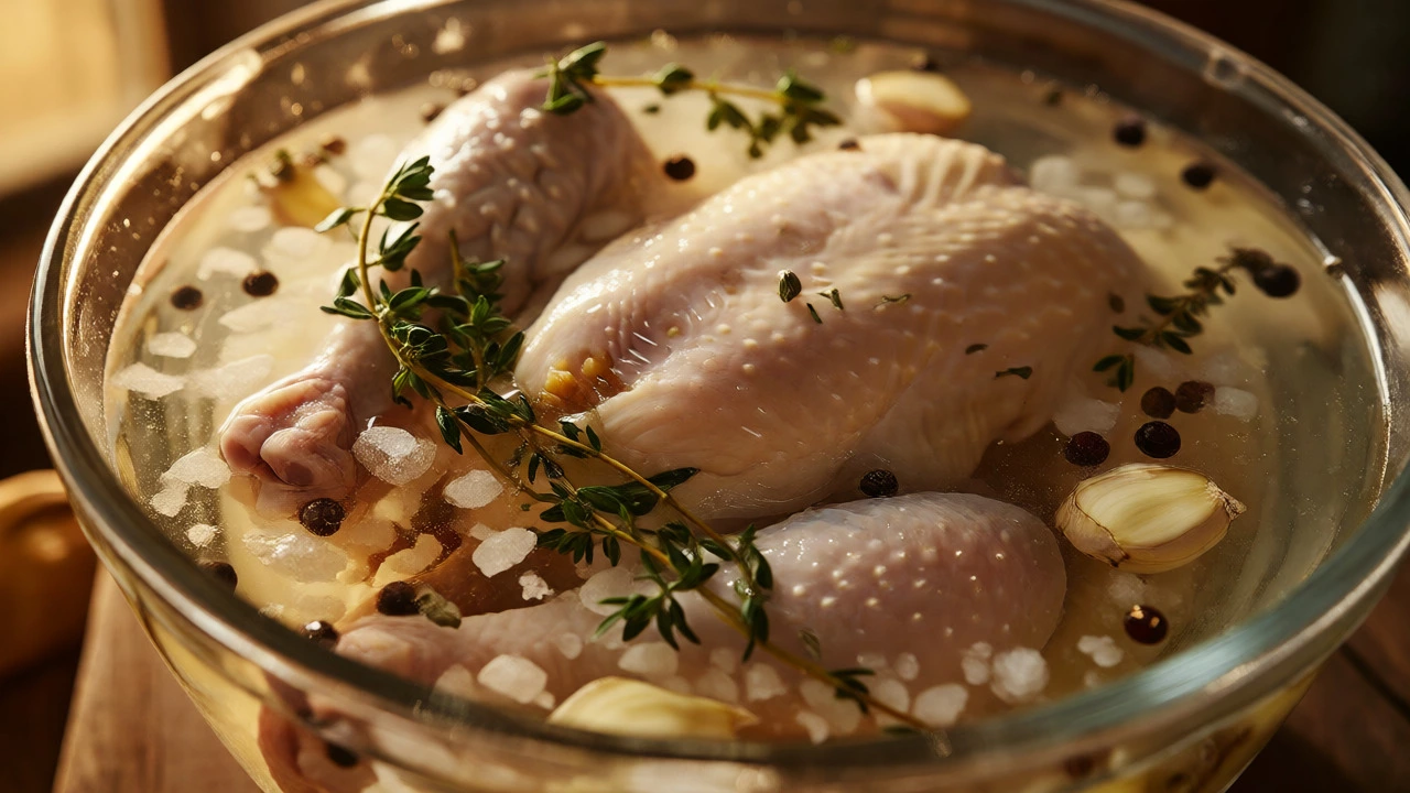 Whole chicken soaking in a saltwater brine with herbs and spices in a glass bowl.