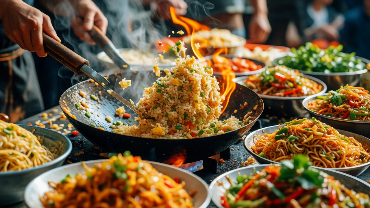Wok tossing fried rice with flames, representing the speed and popularity of Asian dishes.