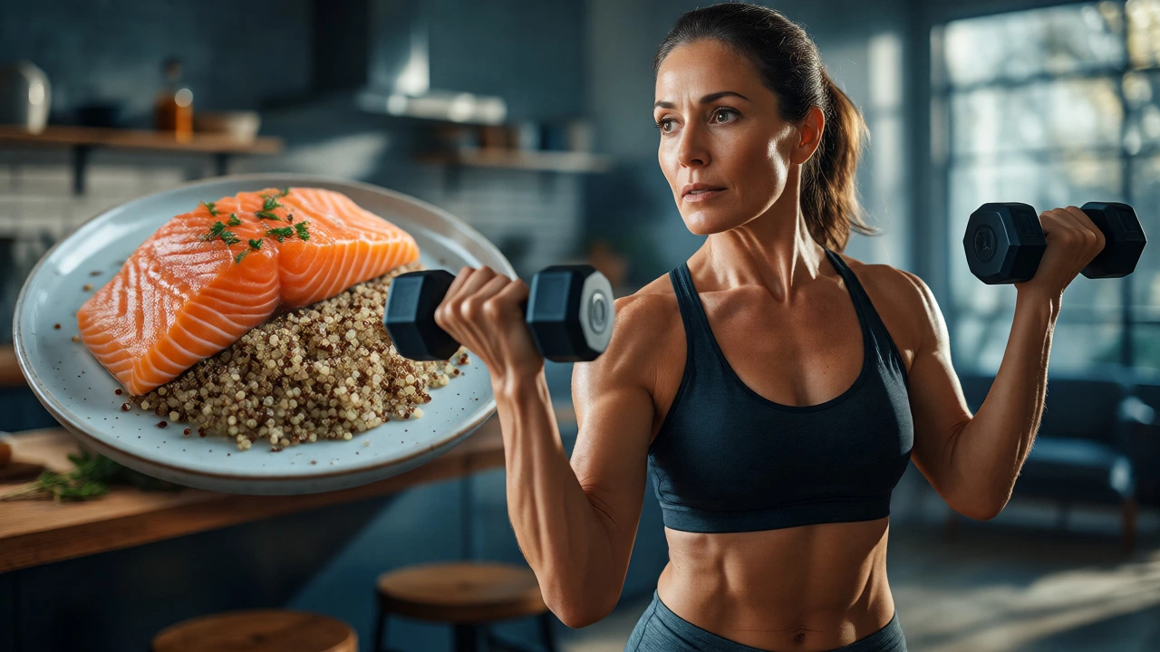 Woman lifting weights with healthy meal in background